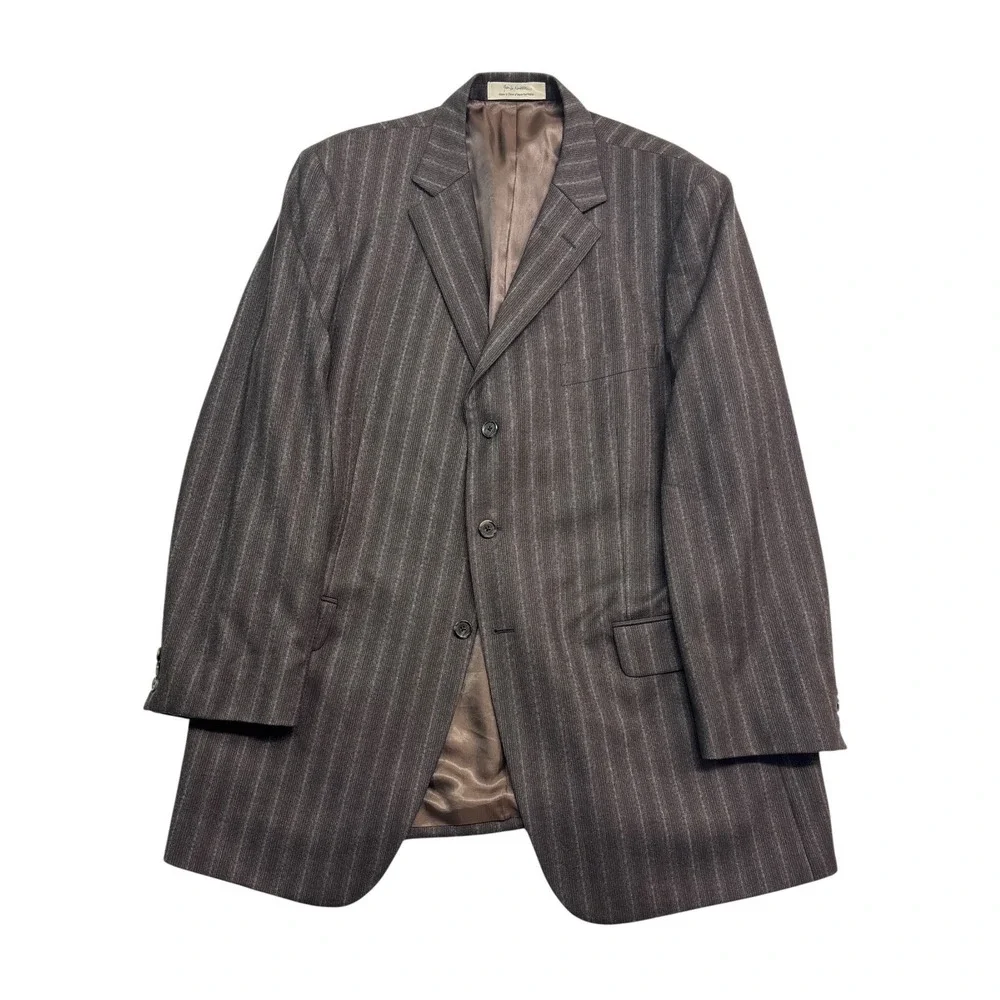 John W Nordstrom 46L 40x32 Brown Stripe Pant Suit Flannel Wool Italian Fabric